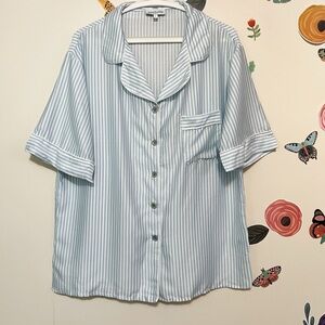 Ettitude Sateen Short Sleeve PJ Shirt Starlight Blue Stripes Size L NWT